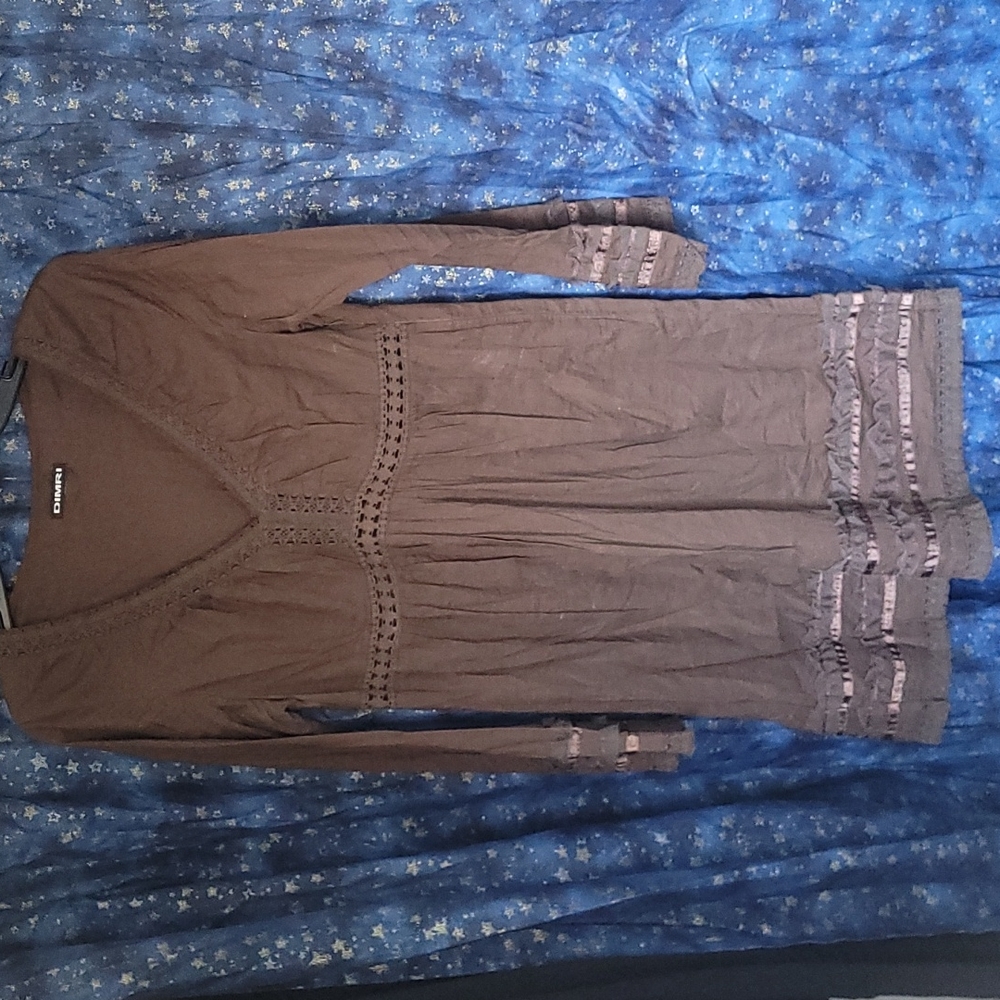 🍂3/$10 - Dimri Sheer Brown Long-sleeve Boho Dress with Ruffles & Embroidery